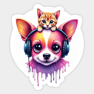 Cute dog with headphones and a cute cat on his head for both cat and dog lovers Sticker